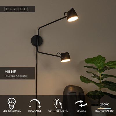 Lucide MILNE - Lámpara de pared - LED Regul. - 2x8W 2700K - Negro